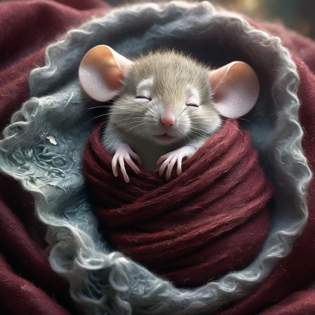 Sleeping Baby Mouse in Burgundy Blanket