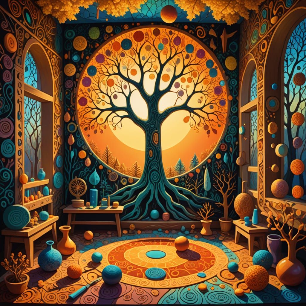 Surreal Shrine Interior with Sacred Offerings