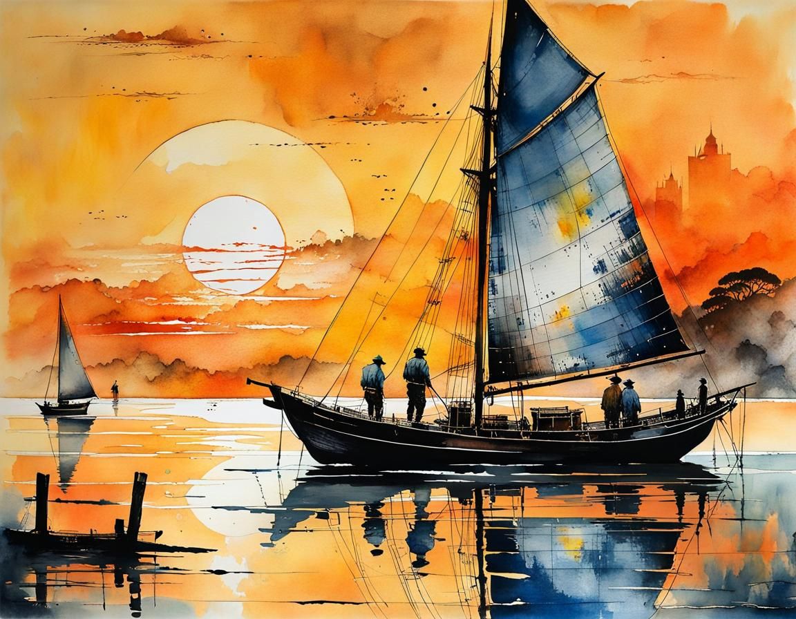 Chinese Junk Sailboat at Sunset in Watercolor