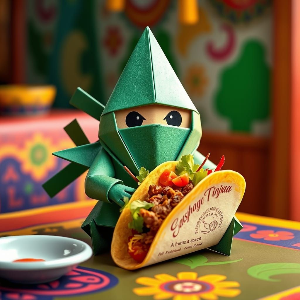 Whimsical Origami Ninja Star in Colorful Mexican Setting