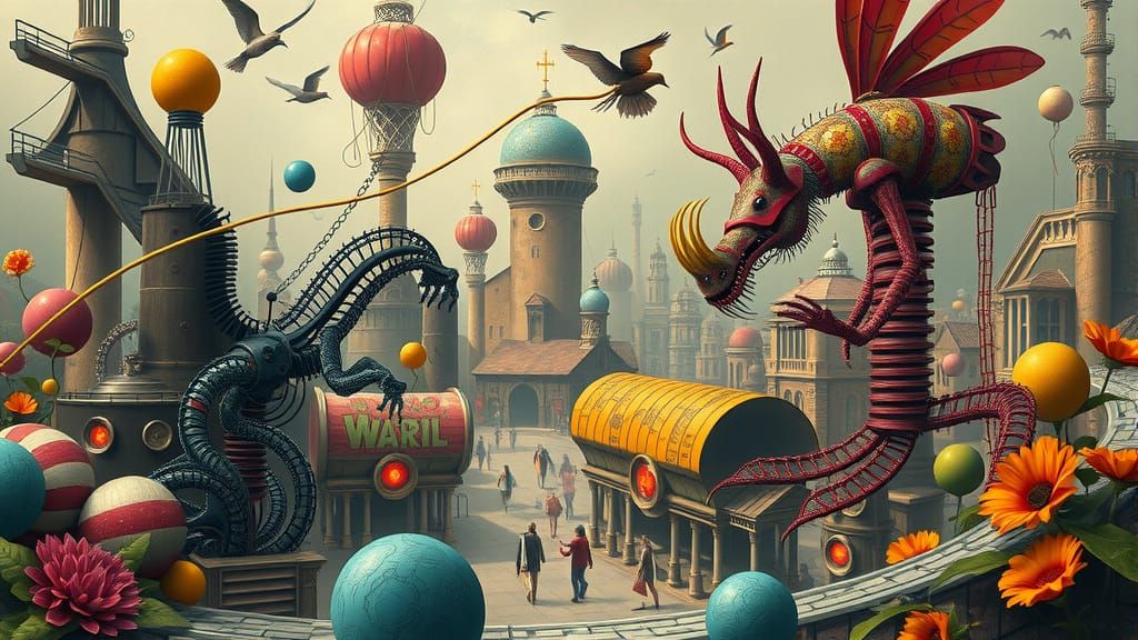 Surreal Town with Hybrid Creatures: Digital Painting