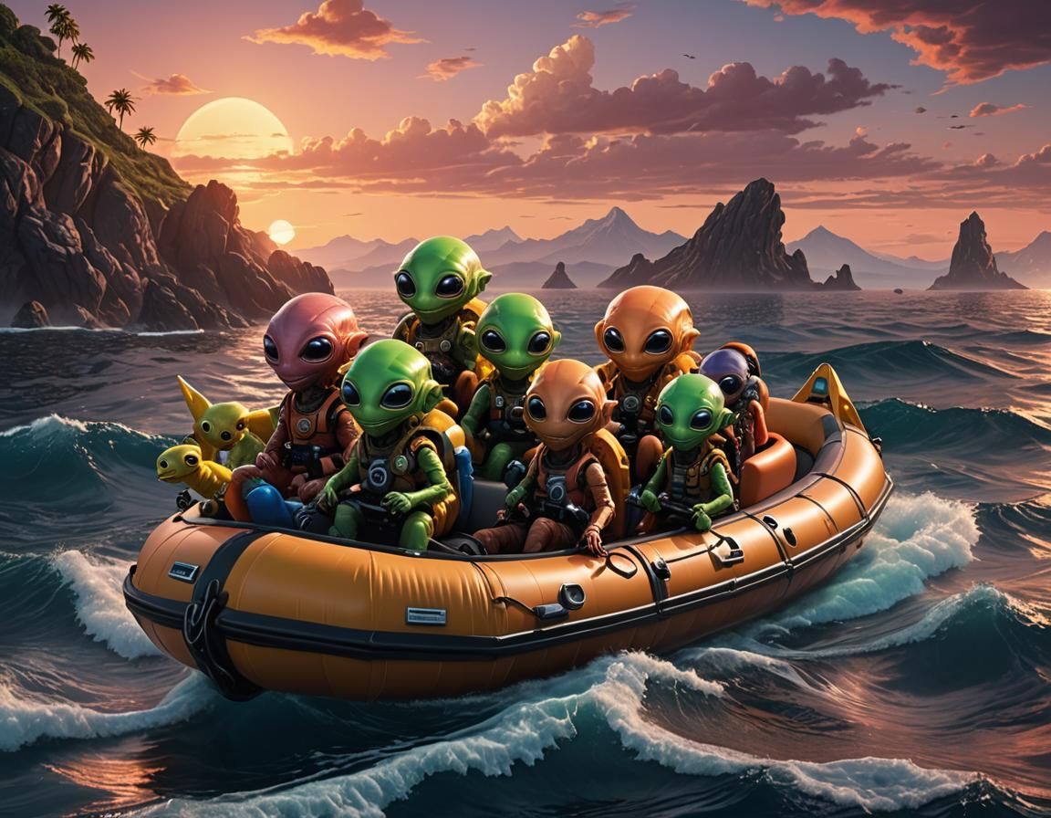 Cute Aliens in Lifeboat at Sunset, Hyperrealistic