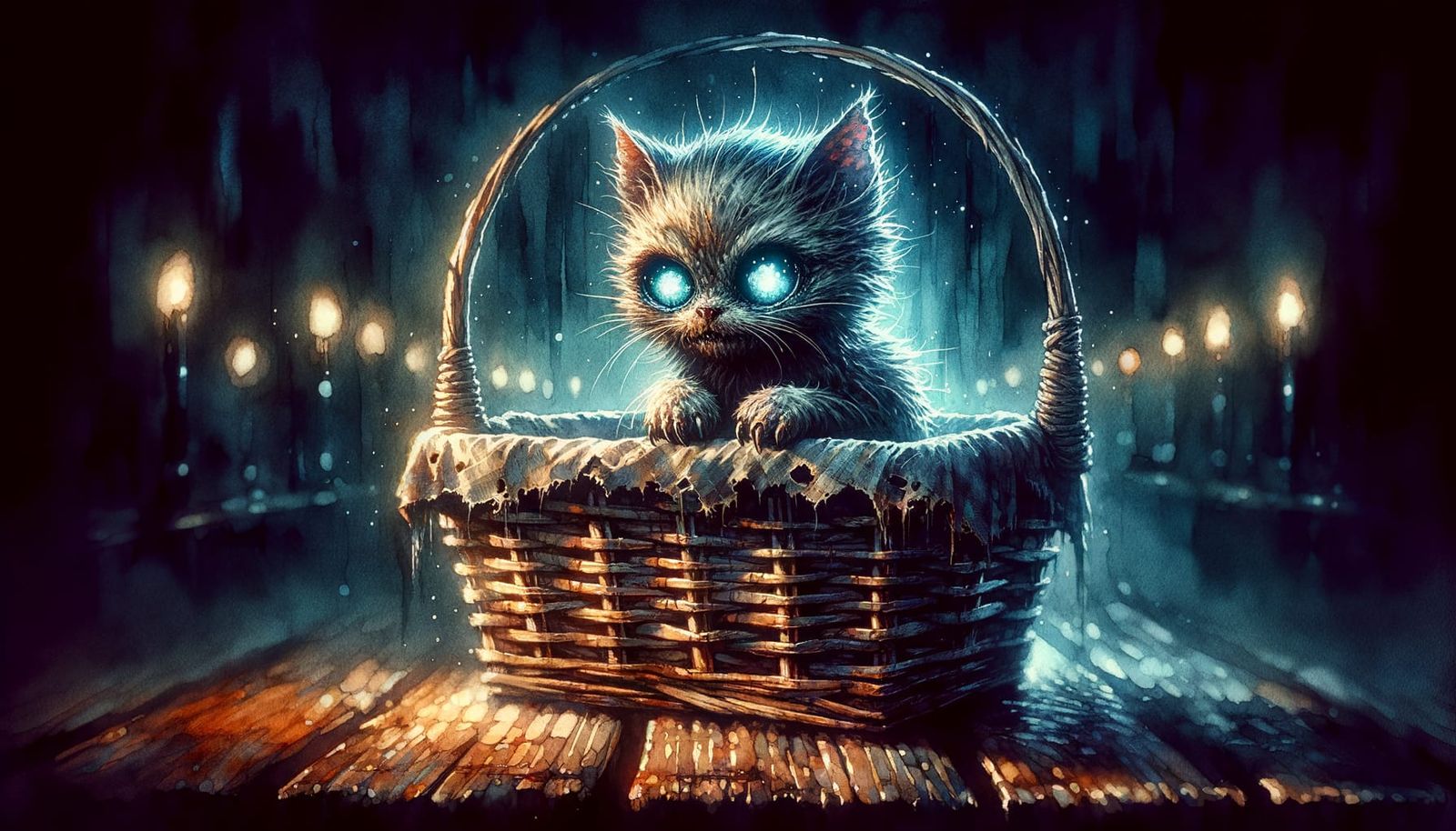 Undead Kitten in Basket: Watercolor Illustration