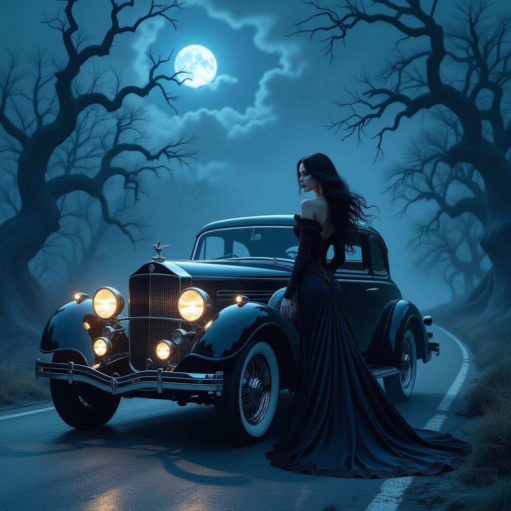 Gothic Beauty and Vintage Car on Moonlit Road