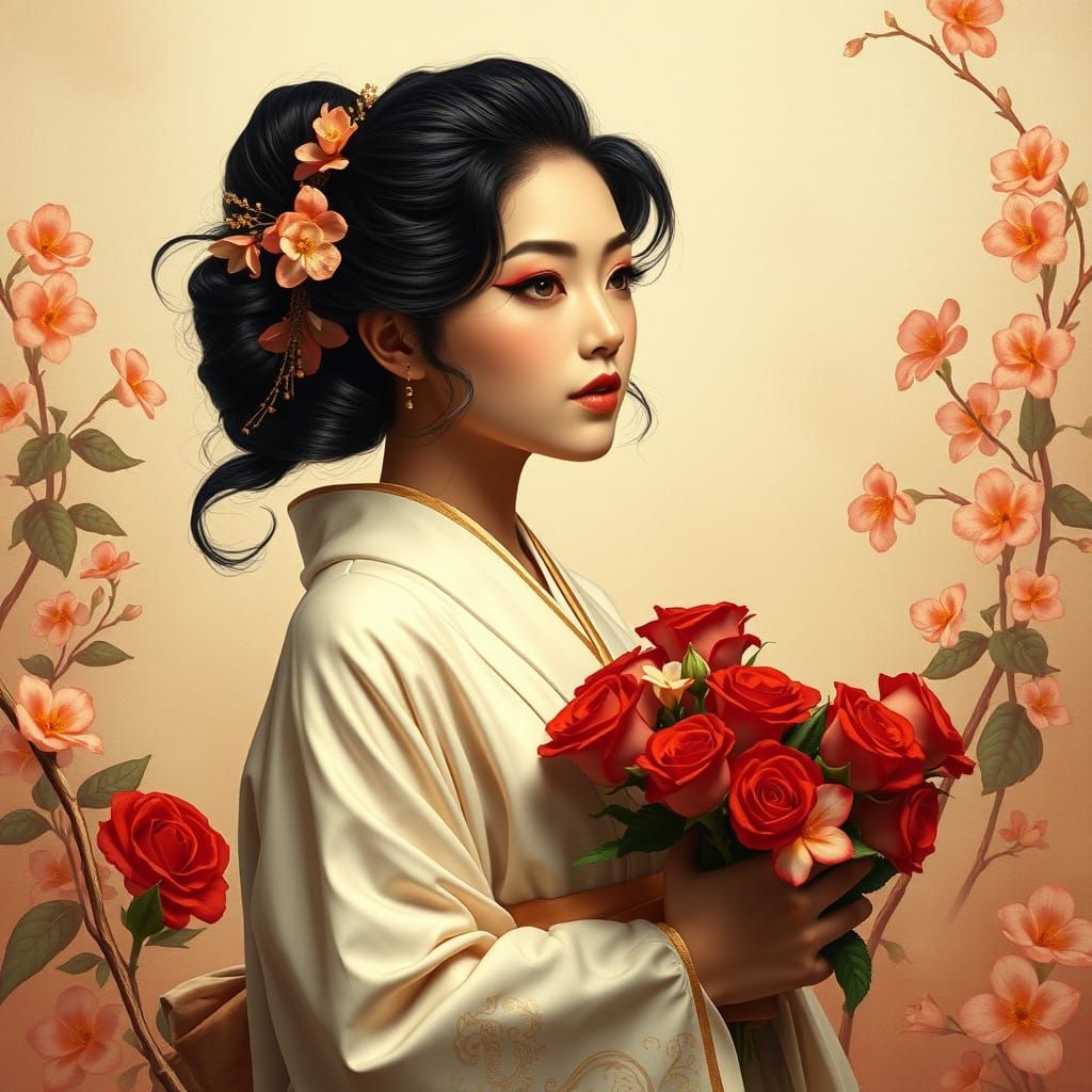 Japanese Beauty with Roses in Art Nouveau Style