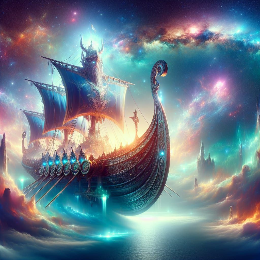 Mystical Viking Ship Sailing Galaxy in Digital Art
