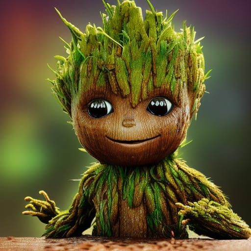Adorable Chibi Groot with Sparks: Detailed 16k Render