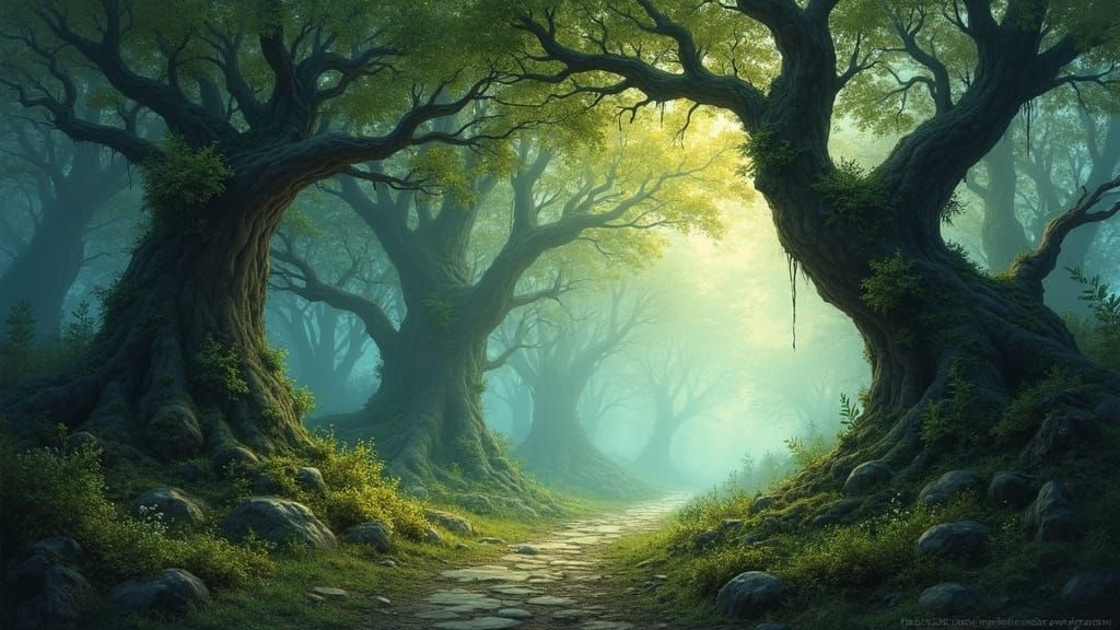 Mystical Forest with Glowing Moss, Dark Fantasy Style