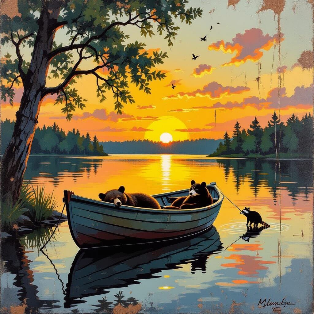 Bear and Raccoon Fishing: Brandywine School Painting