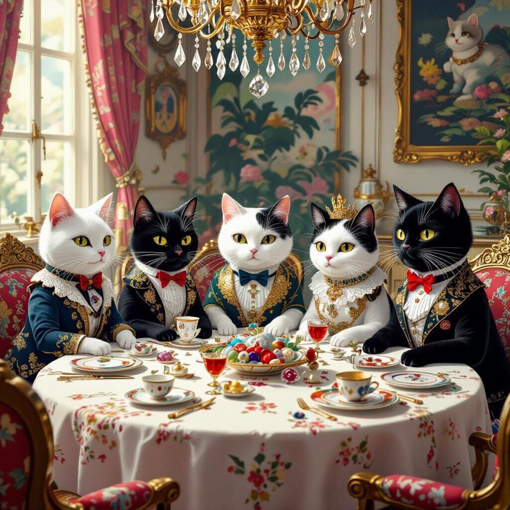 Cats' Lavish Feast in Pop Surrealist Style