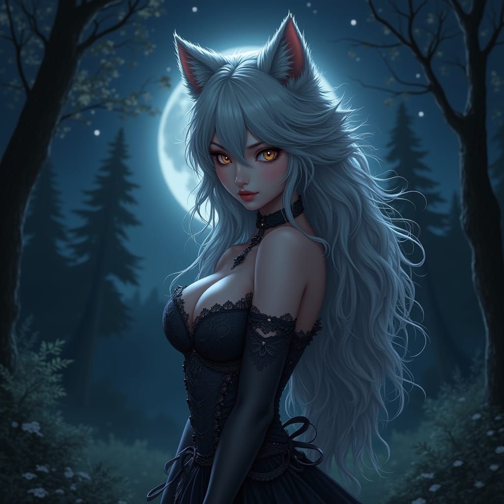 Luminous Werewolf Goddess Embracing the Night