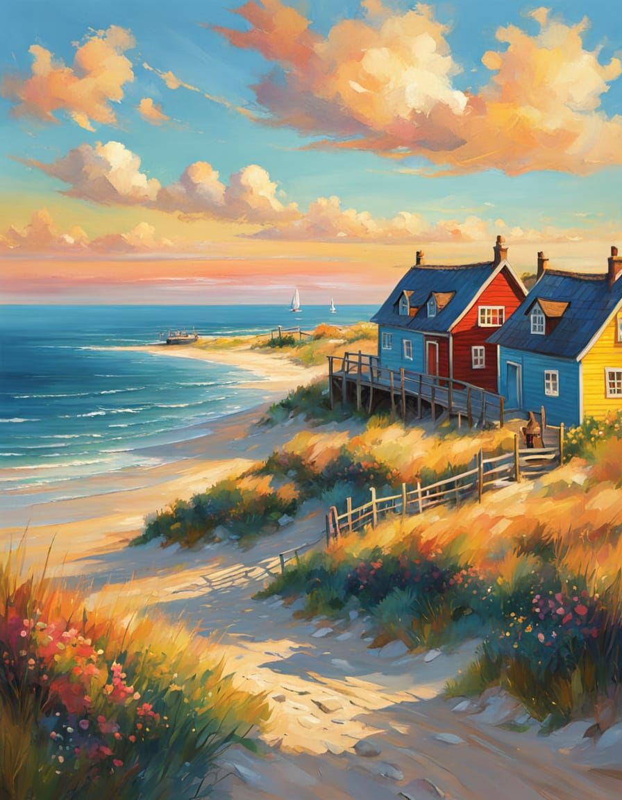 Impressionist Coastal Village at Golden Hour