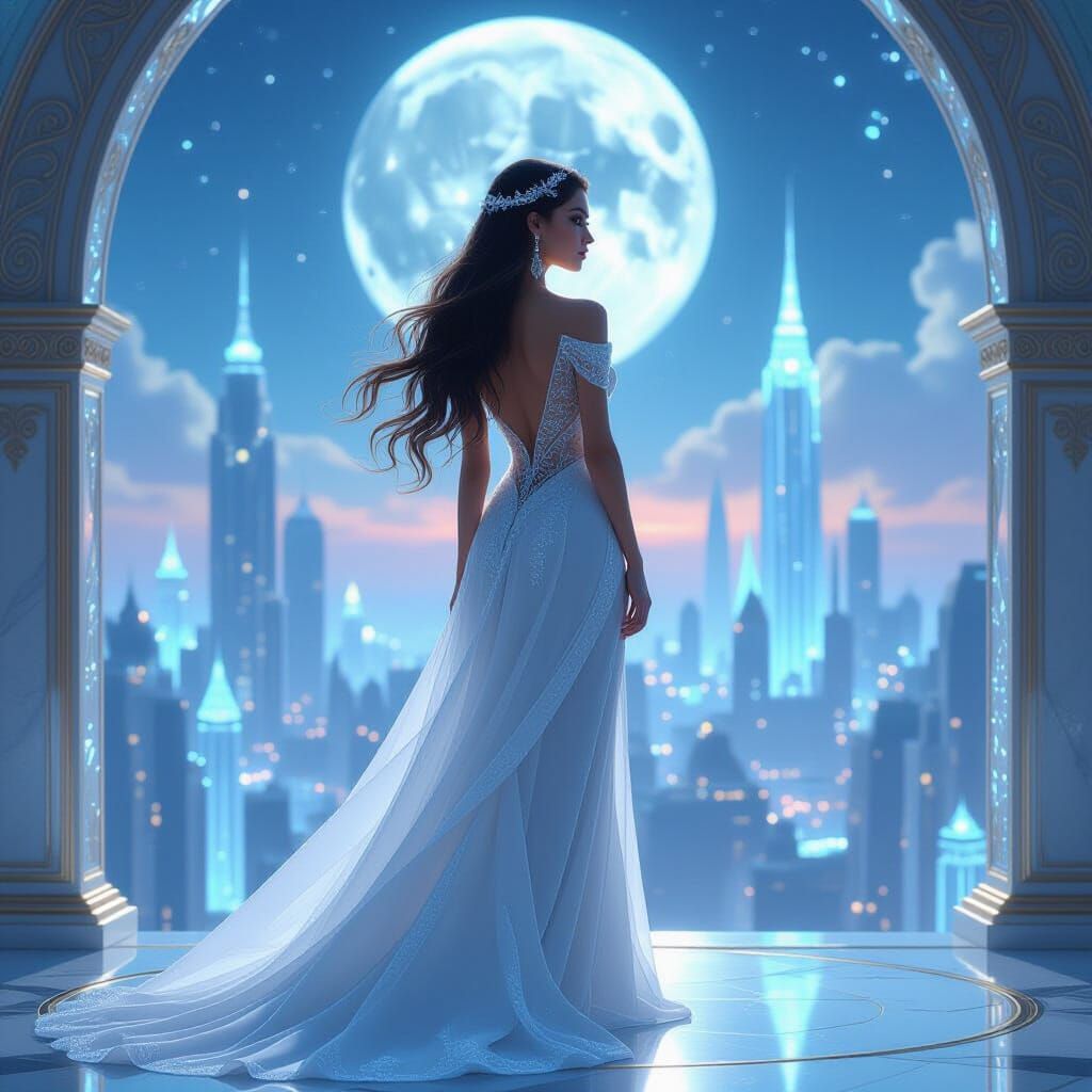 Bioluminescent Woman in Art Nouveau Crystal Cityscape