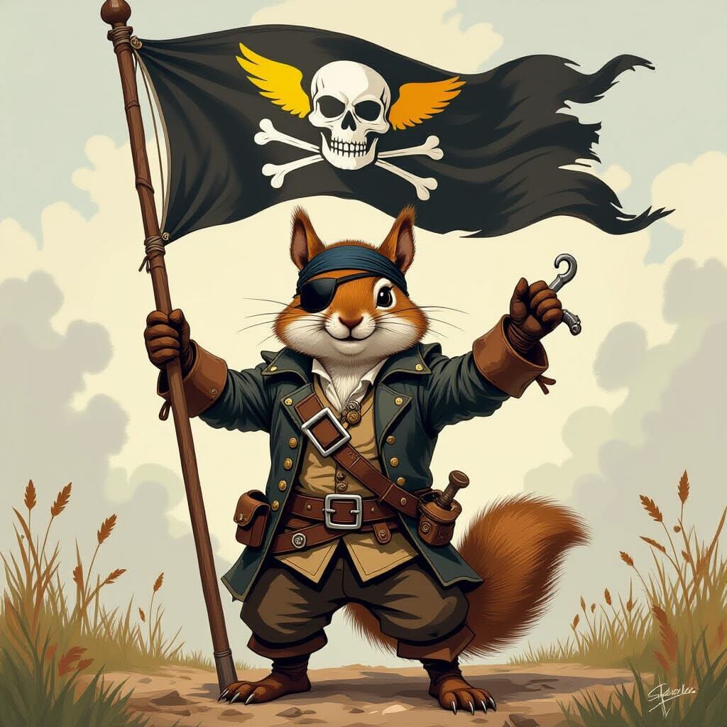 Squirrel Pirate Hoisting Jolly Roger Flag