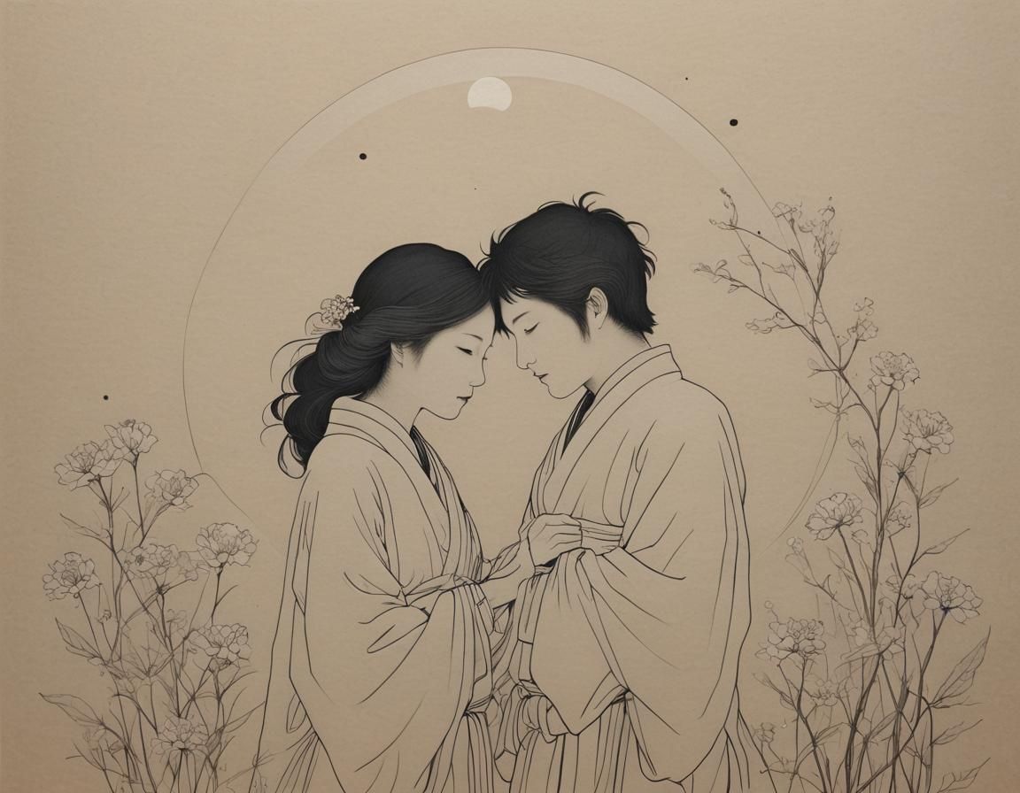 Byōbu Drawing of Lovers Under Solar Eclipse