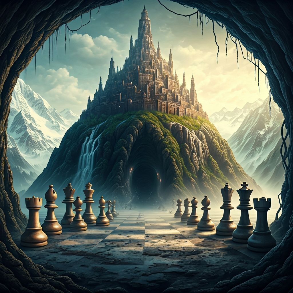 Ancient City on Chessboard Mountain in Surreal Landscape