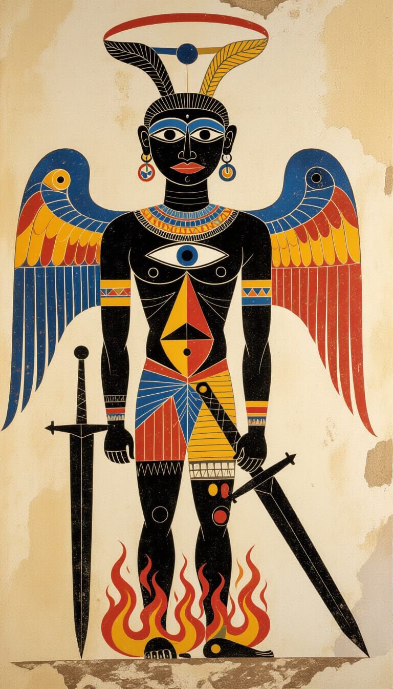 Stylized Winged Figure in Ancient Cave Art Style