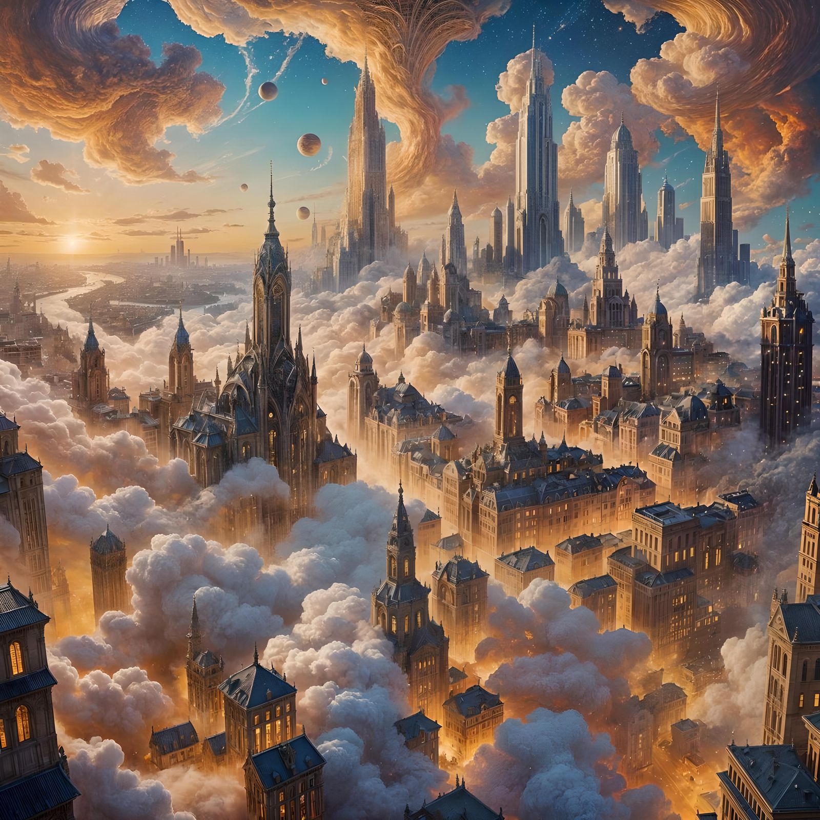 Celestial City of Light in Ethereal Landscape