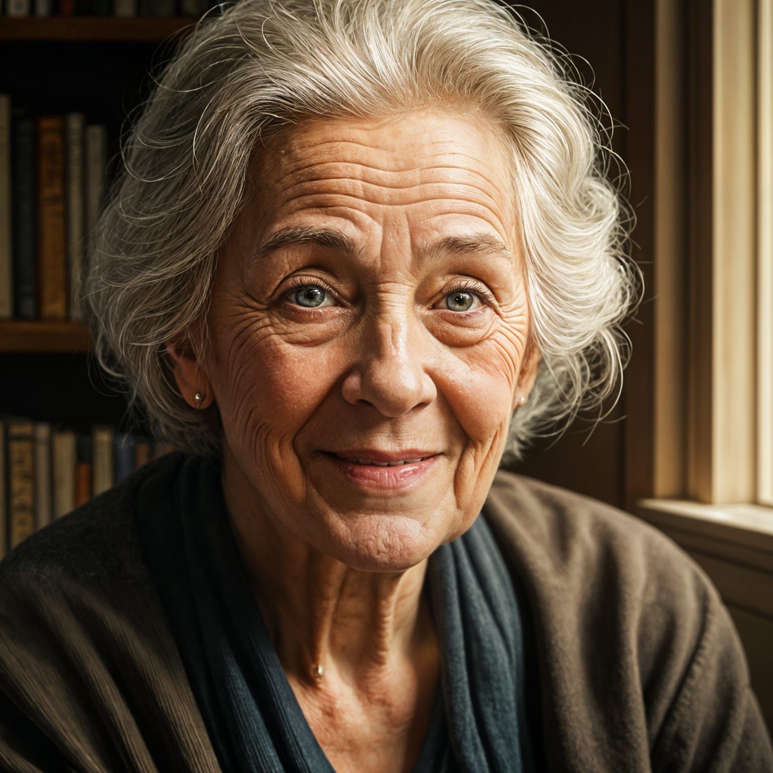 Elderly Woman's Gentle Smile in Golden Light