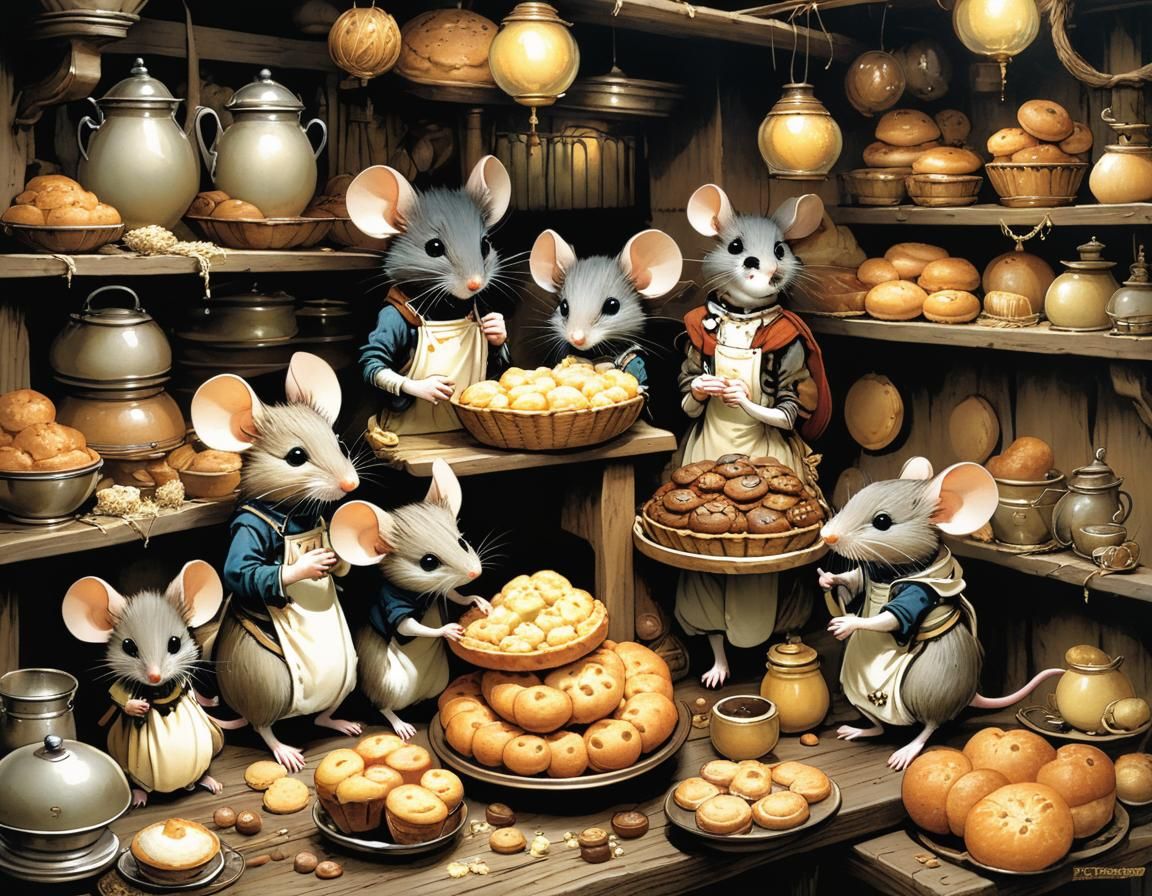 Mouse Family Settles into Bakery, Expressive Illustration
