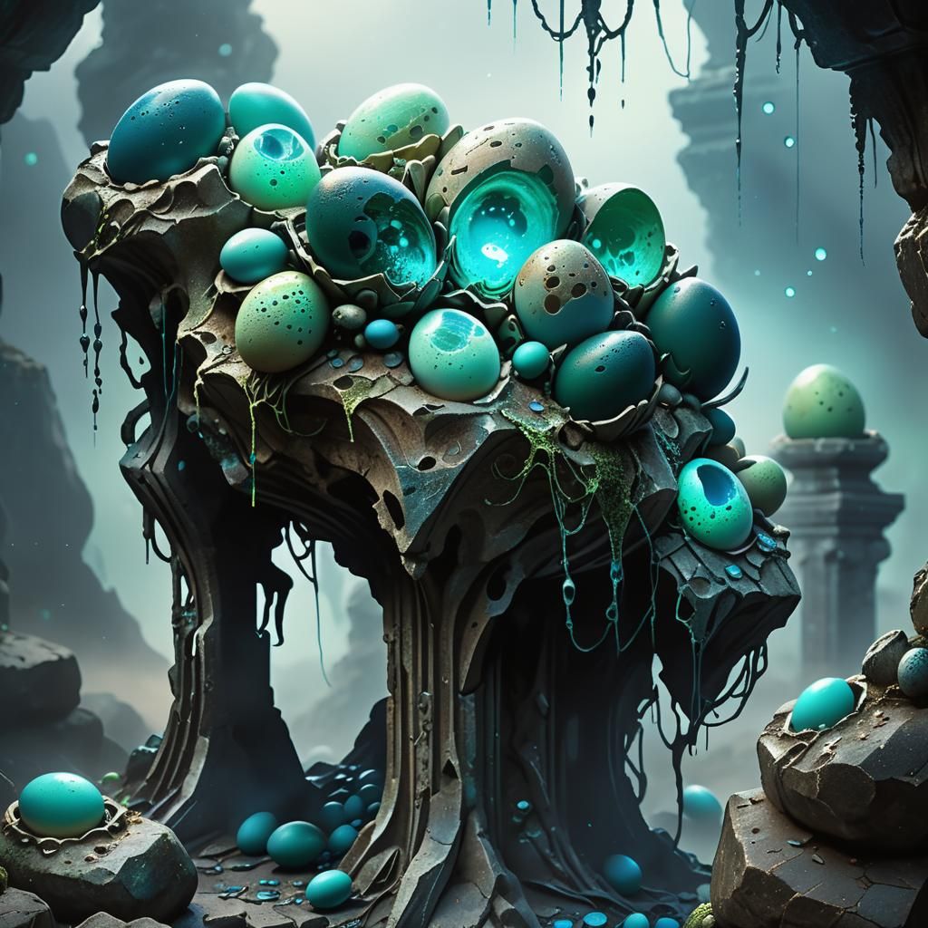 Venomous Alien Spider Eggs on Ruined Pedestal