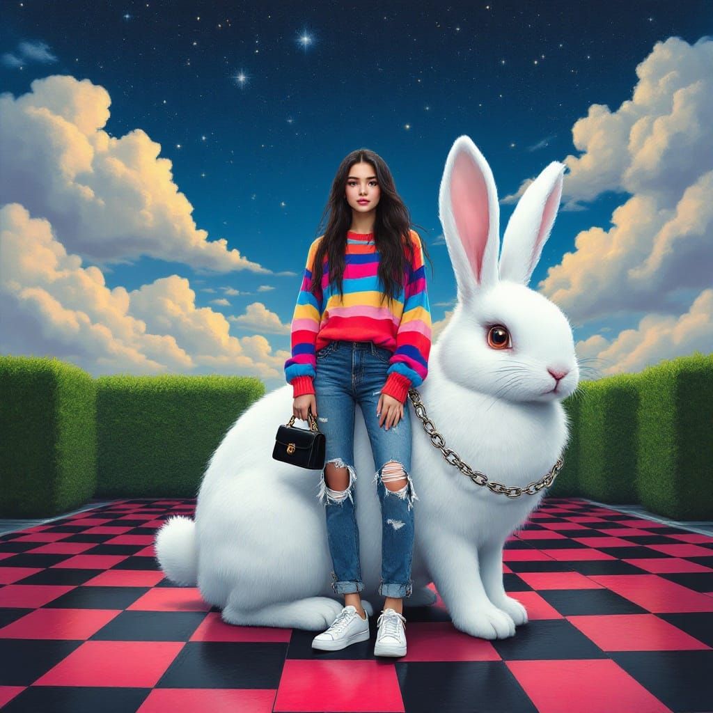 Woman with Rabbit Leash in a Dreamlike Starry Scene