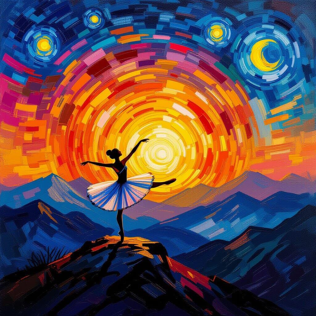 Ballet Dancer Silhouetted at Sunrise on Mountain Peak