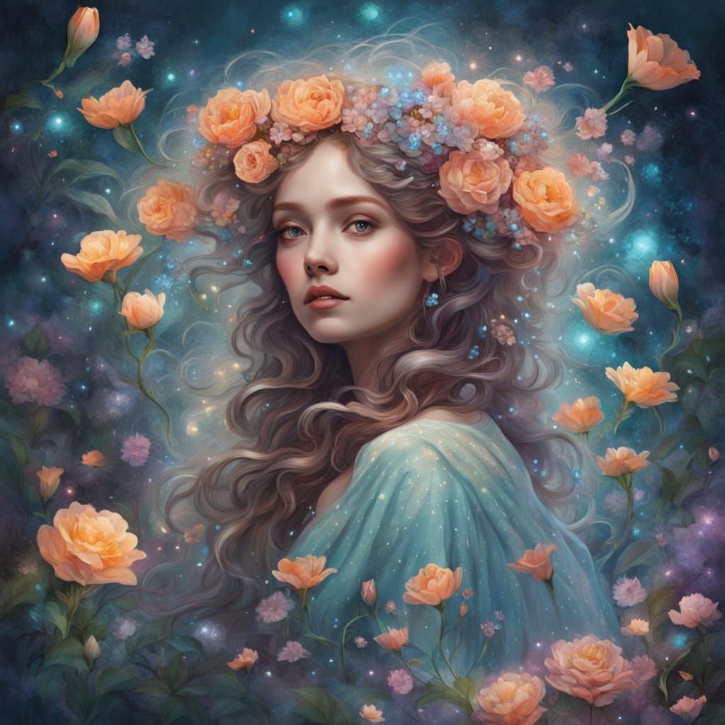 Ethereal Forest Spirit Portrait with Floral Embellishments