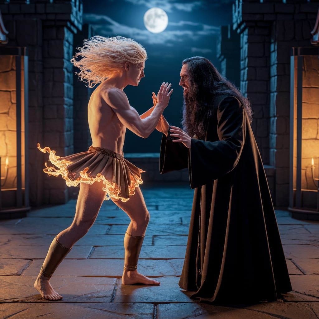 Fiery Man Confronts Black Wizard in Castle Hall