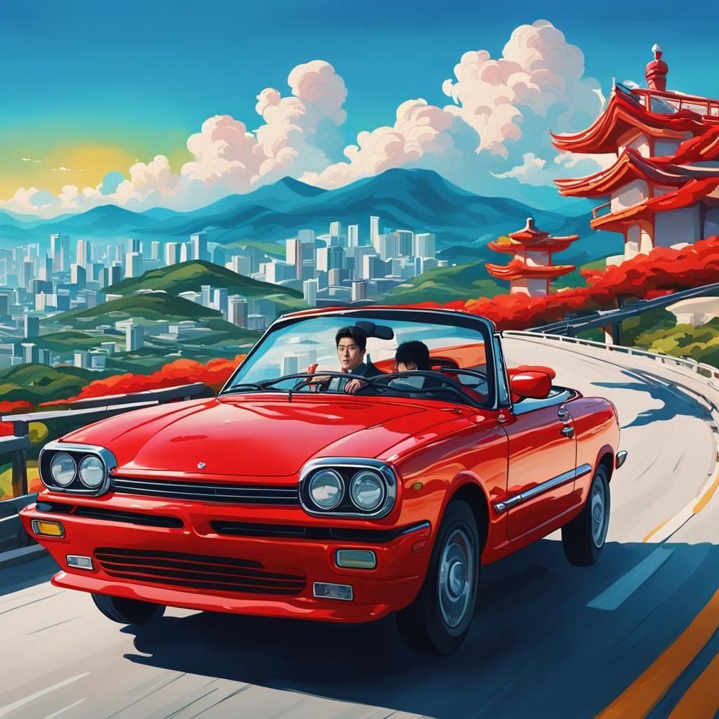 Korean Man Driving Red Car in Korea