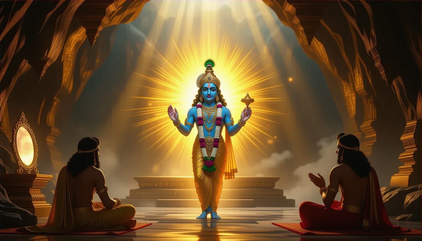 Divine Krishna Statue in Radiant Cave, Fantasy Illustration