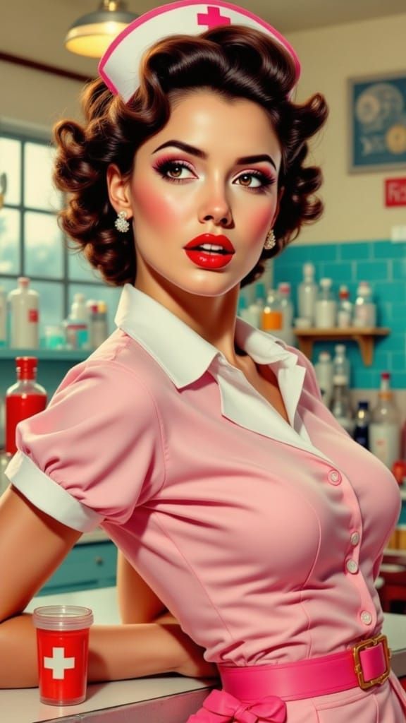 Vibrant Pin-Up Nurse in Vintage Pharmacy Setting