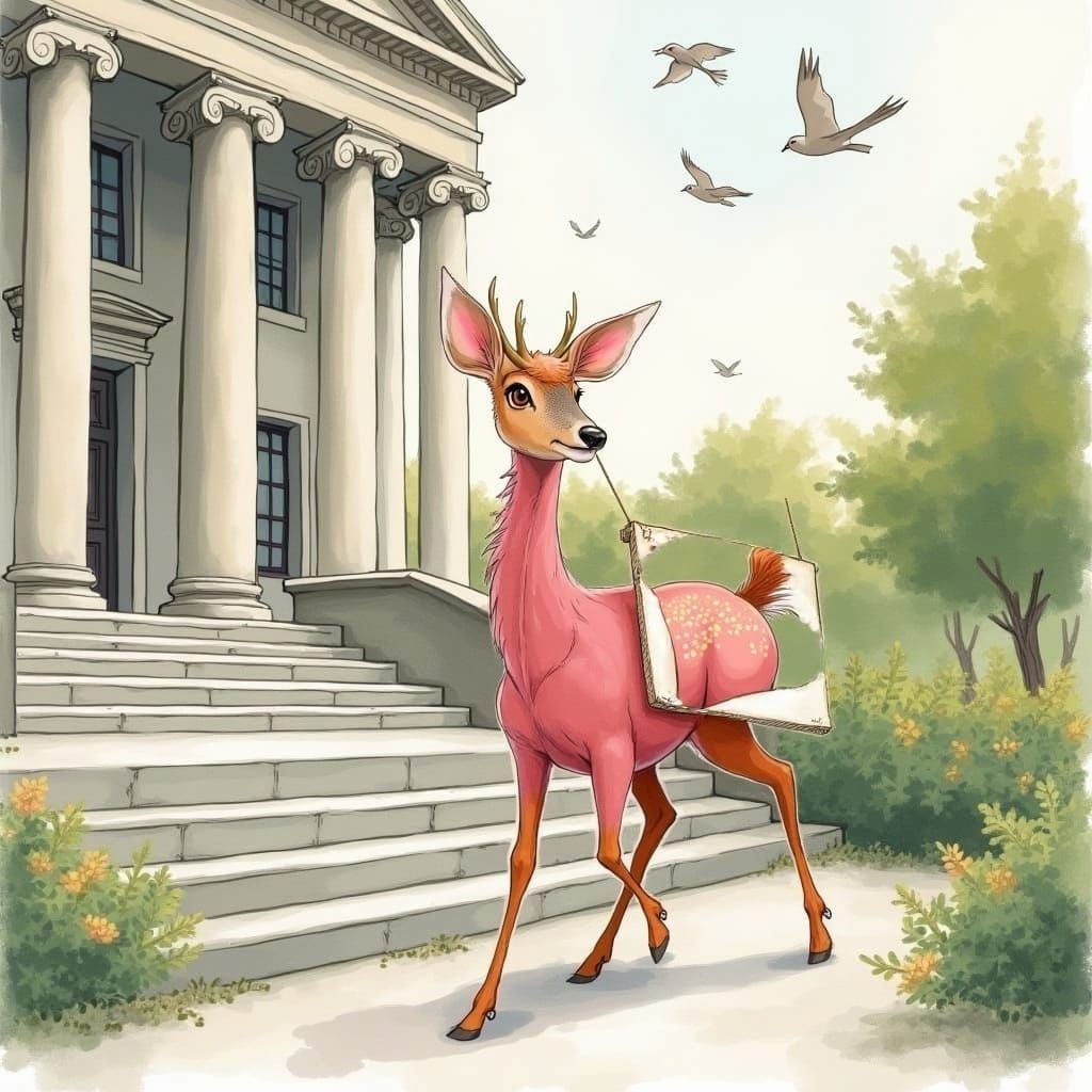 Pink Deer at Courthouse Steps, Surreal Scene