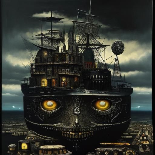 Surreal Black Island Oil Painting