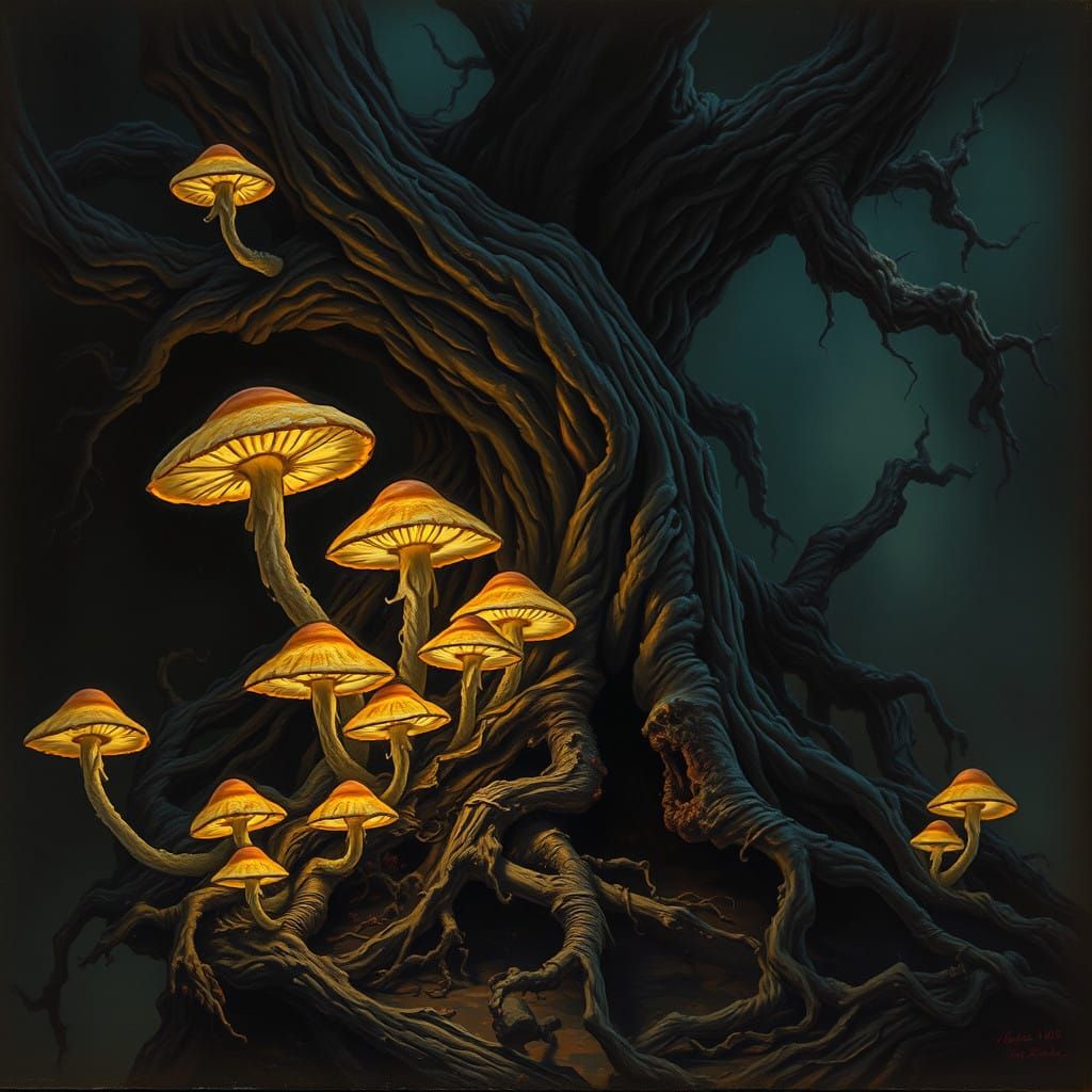 Gothic Horror Scene with Glowing Mushrooms and Twisted Roots