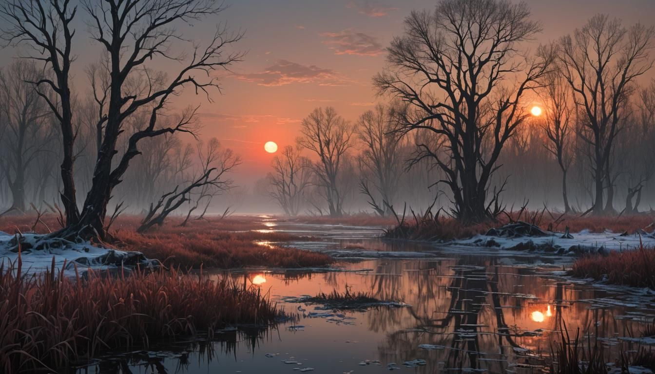 Frozen Marsh: Red Sun Rising in Dark Fantasy Style