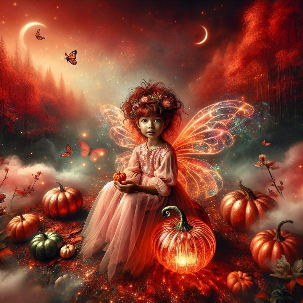 Fairy on a Pumpkin in Mystical Forest