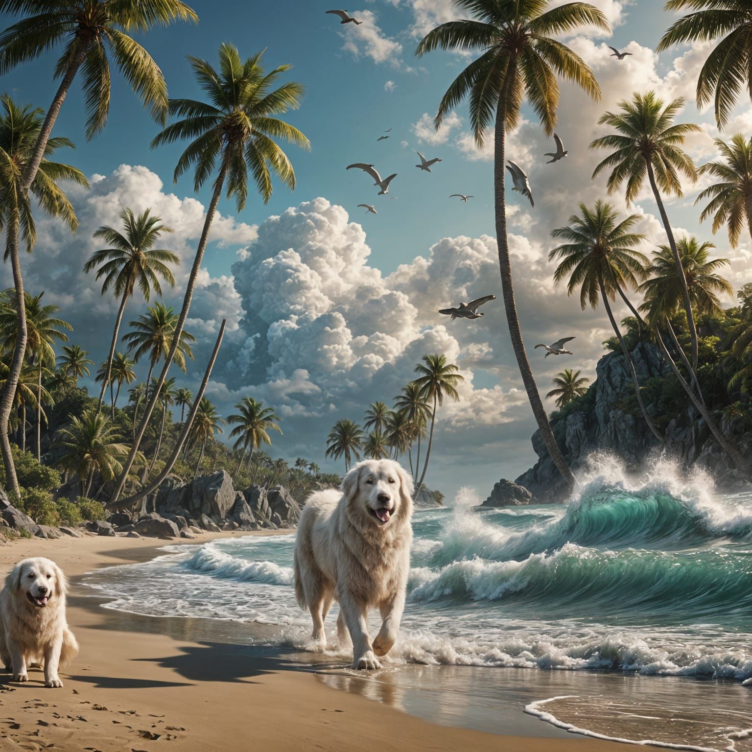 Great Pyrenees on Tropical Beach: Digital Art
