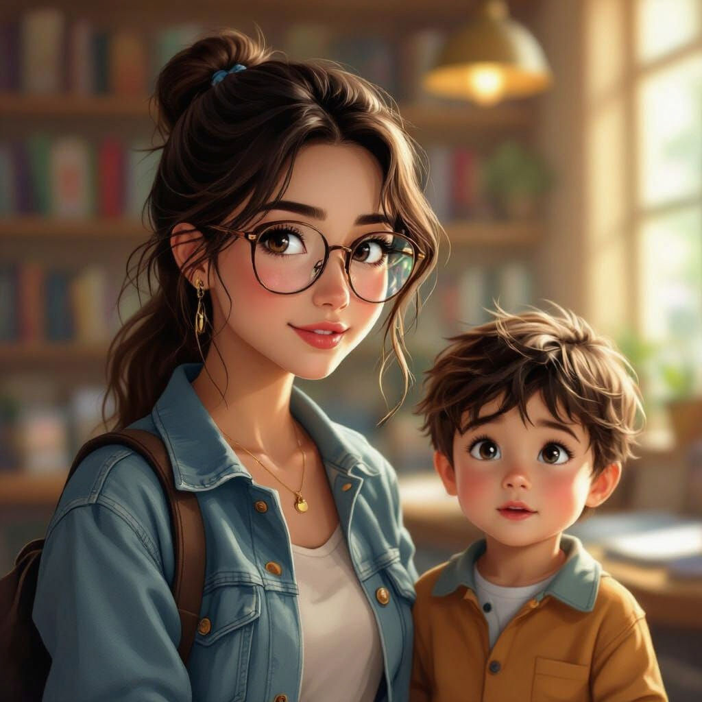 Young Woman with Glasses and Little Boy