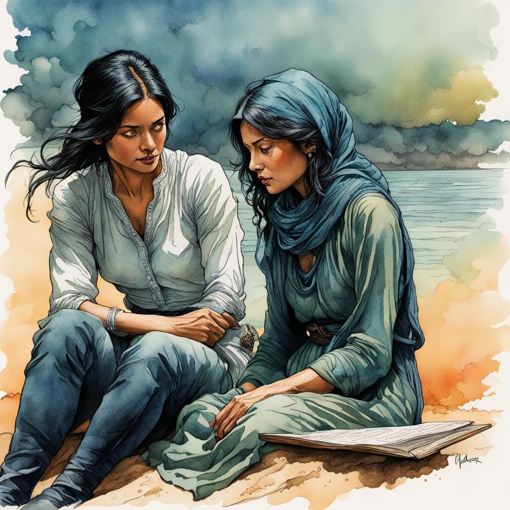 Woman Teaches Girl to Knit: Solarpunk Illustration