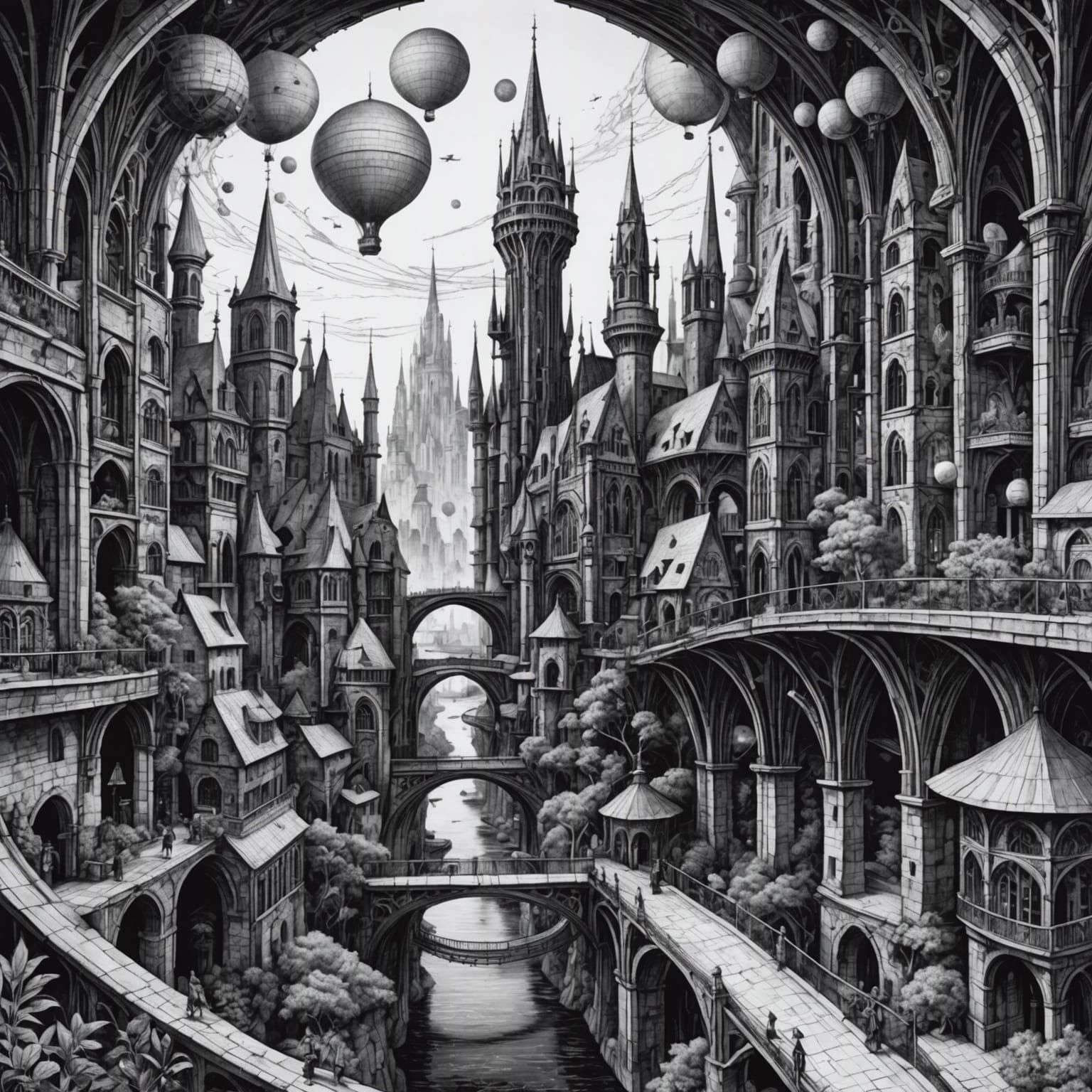Fantastical Cityscape in Detailed Black and White Ink Drawin...