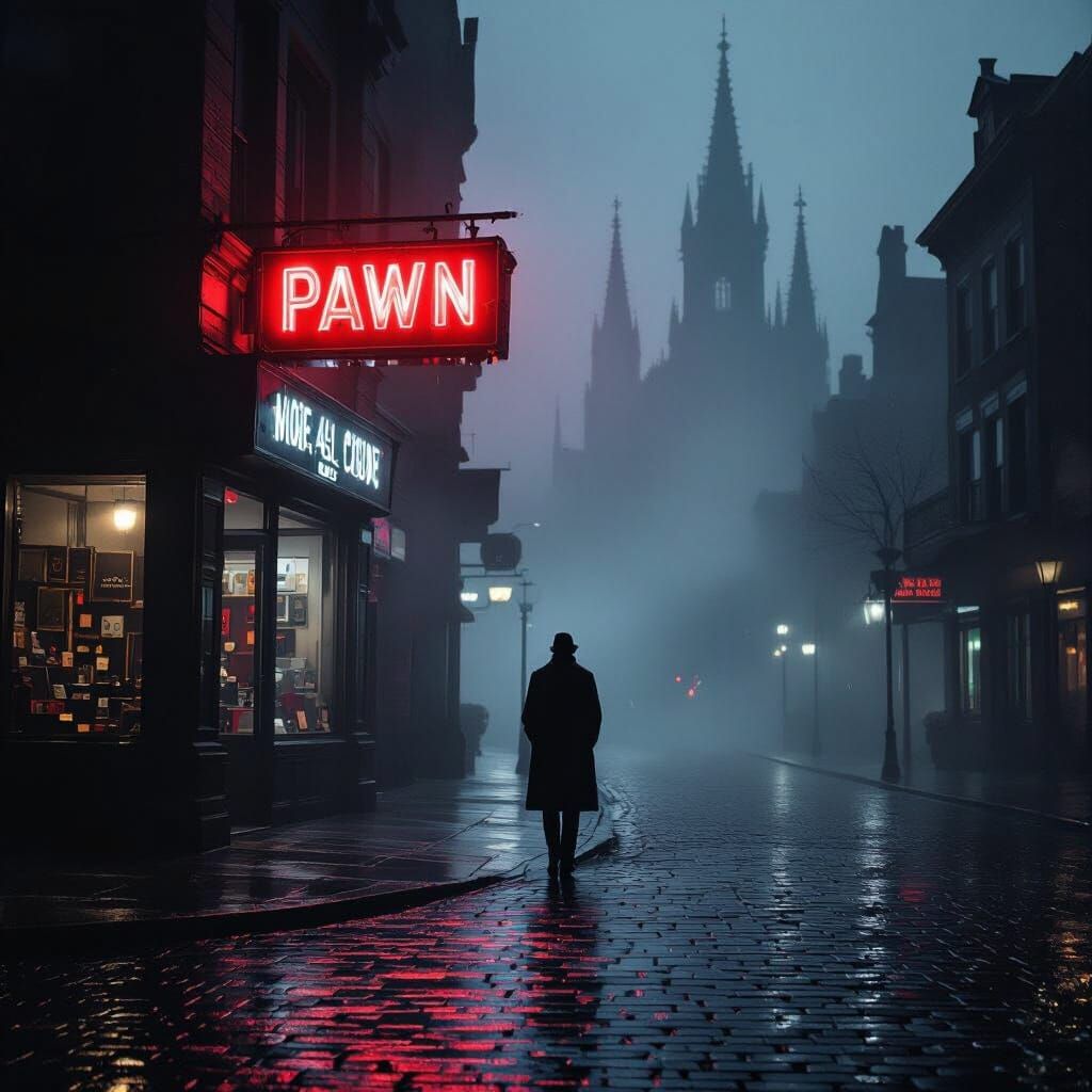 Midnight Noir: Solitary Figure on Rain-Slicked Street