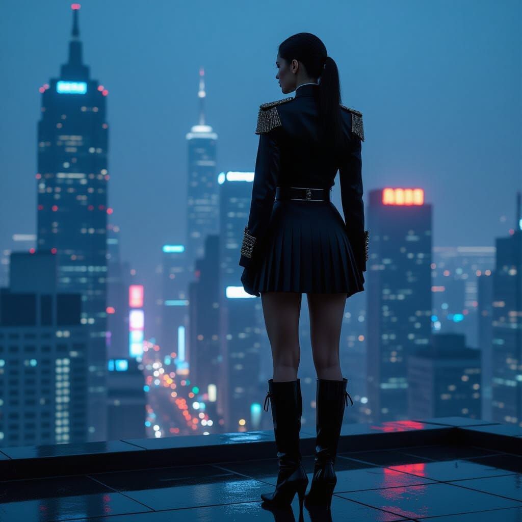 Cyberpunk Soldier on Rooftop Overlooking Neon City