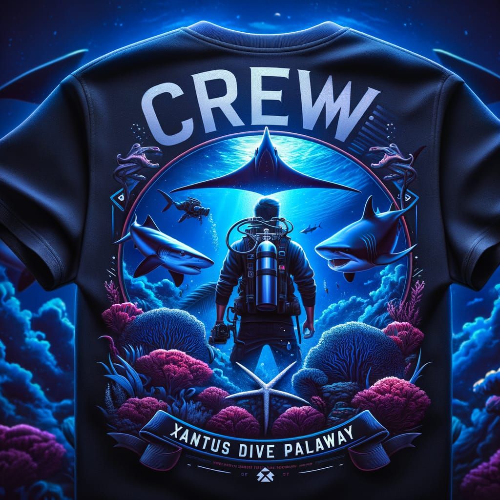 Diver's Paradise: CREW Logo on Dark Blue Tee