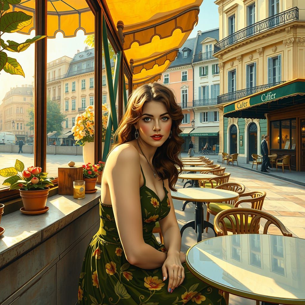 Golden Summer Cafe Scene in Art Nouveau Style