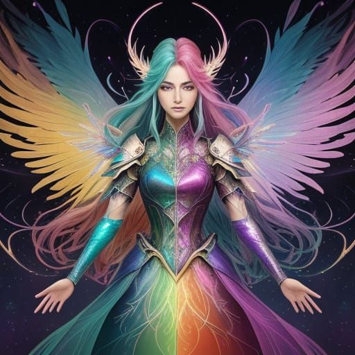 Radiant Warrior Goddess with Rainbow Hair and Iridescent Win...