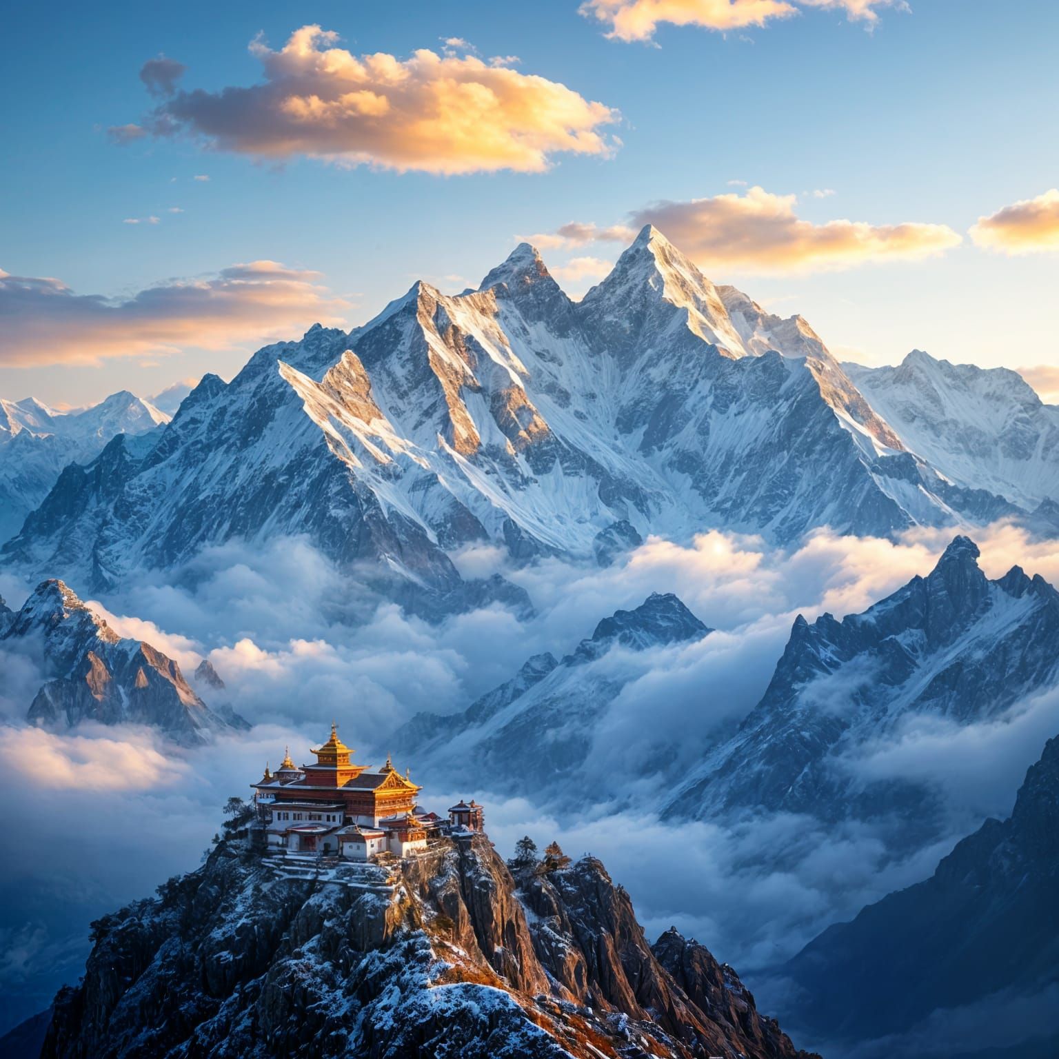 Himalayan Mountains at Sunrise with Temple