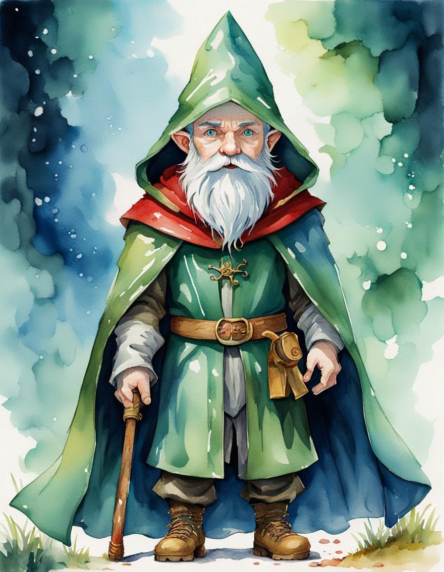 Gnome Mage Casting Spell: Watercolor Fantasy Art