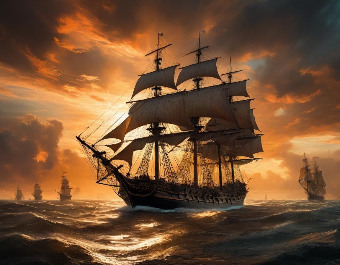 Sailing Ship at Sunset: Maritime Painting