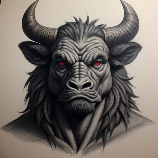 Minotaur in Hyperdetailed Charcoal Drawing